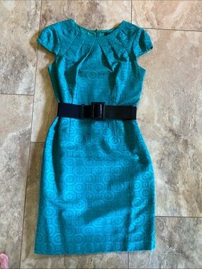 Chetta B Teal Textured Midi Dress with Wide Black Belt